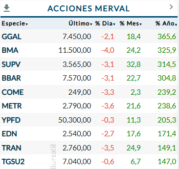 10 acciones del merval de mayor rendimiento 2024